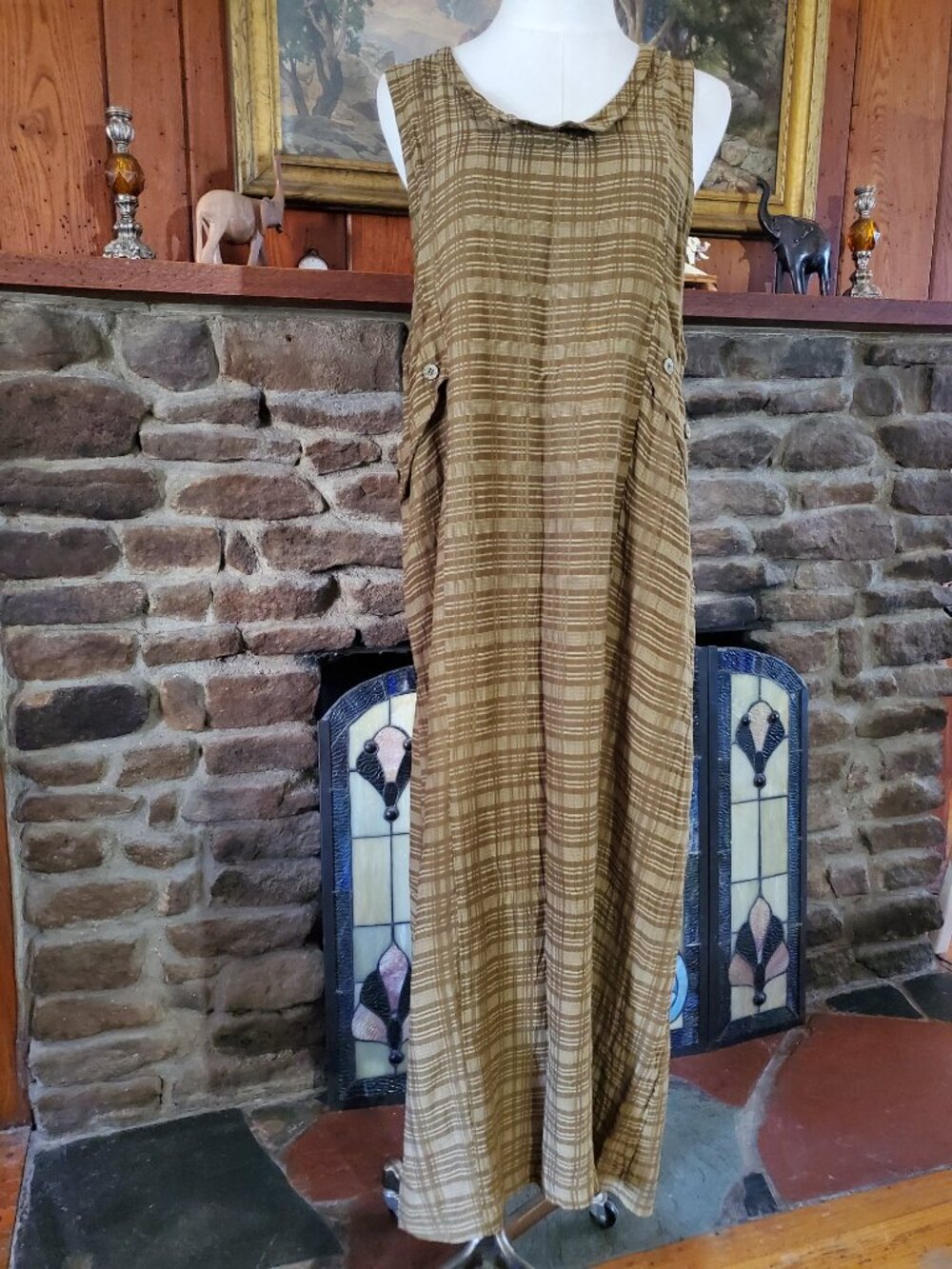 Studio 90 Vintage Maxi Dress Small Earth Tone Plaid Boho Lagenlook